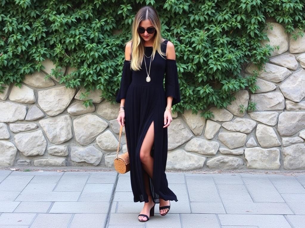 El vestido negro perfecto: 5 formas de estilizarlo de manera única.. 2. Bohemio y libre: texturas y capas
